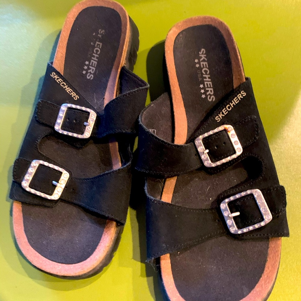 Sketchers Leather Upper Sandals 7 Black Rhinestones Glam Casual Comfort